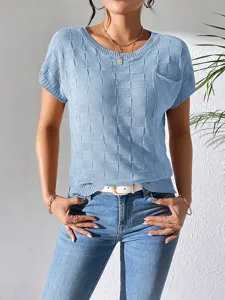 Light blue short sleeve knit sweater with check pattern for women, casual summer top.