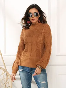 Damen Langarm Zopfmuster Strickpullover Lässig Lose Stehkragen Pullover Winter Warme Tops