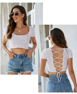 Detail view of sexy knit crop top with lace-up back and hollow out short sleeves for women.