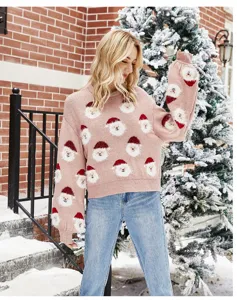 Suéter de punto con estampado de Papá Noel lindo para mujer en elegante estilo rosa.