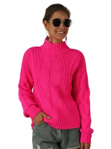 Neongrosser Rollkragen Zopfmuster Pullover fuer Damen, laessiger langarm Oversize Strickpulli.