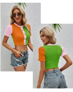 Farbblock Kurzarm Strickjacke für Damen, modischer Macaron Crop Cardigan Sommer Top.