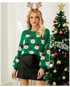 Vista detallada del jersey de Navidad verde para mujer con motivo de Papá Noel.