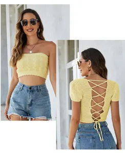 Women sexy yellow cropped knit top short sleeve criss cross backless summer casual shirt