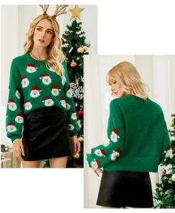 Vista detallada de un jersey de Navidad verde con patrones esponjosos de la cara de Papá Noel.