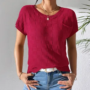 Women solid color knitted short sleeve t-shirt casual loose commuting top for spring summer