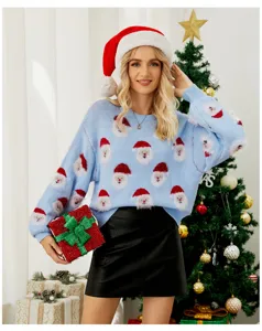 Mujer jersey de navidad papa noel manga larga pullover de punto ropa festiva invierno