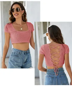 Pink crochet knit crop top featuring a square neck and stunning lace-up open back design.
