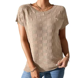 Casual short sleeve knit top for women, solid color textured pullover with chest pocket.