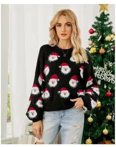 Suéter de punto con estampado de Papá Noel para mujer, top casual de manga larga otoño invierno