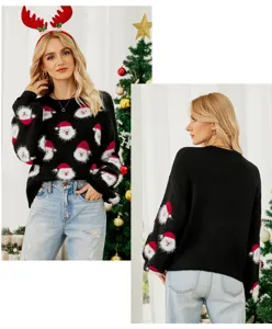 Mujer Navidad Papa Noel Jersey de Punto Manga Larga Invierno Casual Sueter Caliente