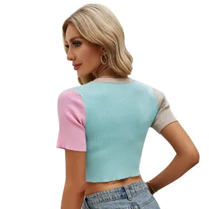Farbblock Kurzarm Strick Crop Top für Damen, stilvolles Macaron Sommer Freizeitshirt neu