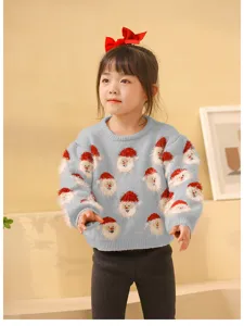 Suéter de punto con motivo de Papá Noel para niños, parte superior gris de manga larga.