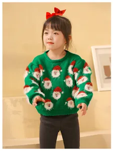 Suéter de punto verde con patrón de Santa Claus para niños, parte superior cómoda.