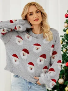Mujer Navidad Papa Noel Jersey de Punto Manga Larga Pullover Invierno Top Casual Moda