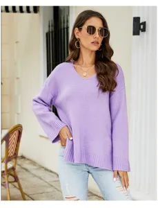 Detailed view of women's long sleeve V-neck knit sweater in casual loose style, purple color.