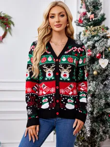 Women Christmas Knit Cardigan Sweater V Neck Long Sleeve Loose Casual Winter Outerwear Holiday Clothing