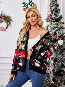 Women's Christmas Knitted Cardigan Long Sleeve Reindeer Snowflake Holiday Sweater Coat