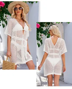 Women white hollow knit beach cardigan summer resort sunscreen cover up V-neck belted top