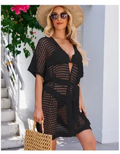 Women Black Crochet Beach Cover Up Summer Knit Cardigan Swimsuit Coverup Outfit