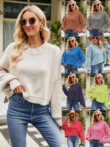 Women's Casual Fall Winter Loose Short Pullover Sweater Fashion Long Sleeve Crew Neck Knitwear Solid Tops