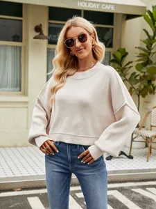 Women casual loose short pullover sweater long sleeve crewneck knitwear main view outdoor
