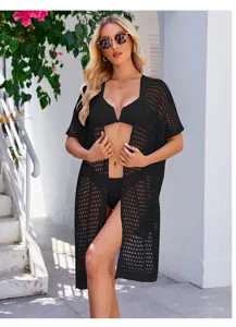 Women black crochet knit cardigan beach cover up summer casual vacation outerwear detail