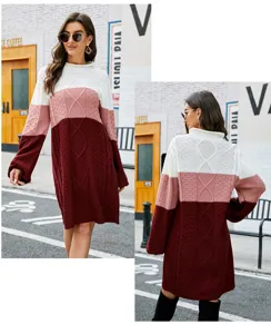 Damen Farbblock Zopfmuster Pullover Kleid lässige Langarm Stehkragen Strick Pullover