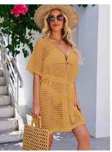 Women crochet hollow out knit cardigan beach cover up summer resort vacation sun protection