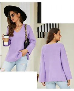 Casual loose long sleeve V-neck knit sweater for women, stylish solid color pullover top.