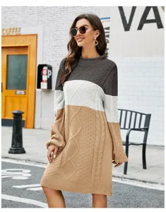 Gemütliches Blockstreifen Langarm Zopfstrick Pulloverkleid, lässiger Rundhals Winterpullover.