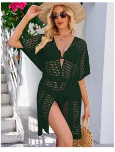 Deep green hollow out knit beach cover up, stylish V-neck summer vacation cardigan for women
