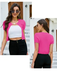 Γυναικεία ροζ πλεκτή ζακέτα κοντό μανίκι crop top μοντέδνα λεπτομέρεια άποψη