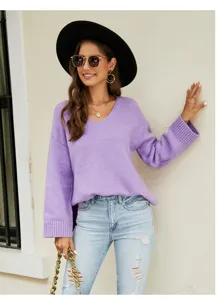 Women long sleeve V-neck knitted sweater casual loose pullover top for daily wear chic