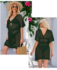 Women dark green crochet beach cover-up hollow knit cardigan summer resort swimwear dress