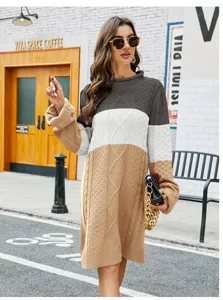 Damen Colorblock Langarm Strickpullover Kleid Lässiger runder Kragen Midi Winterkleid