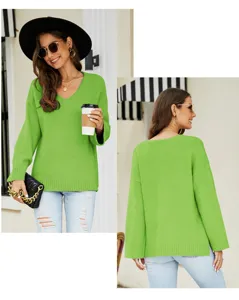 Details of the green long-sleeve V-neck knit sweater, showing casual and loose fit style.