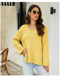 Yellow v-neck knit sweater detail view, cozy long sleeve casual pullover for women.