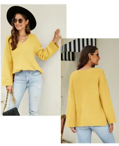 Women's V-neck long sleeve knit sweater detailed view, casual loose pullover top style.