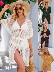 Women Summer Beach Crochet Knit Cover Up V Neck Tie Long Cardigan Casual Loose Hollow Out Sun Protection Acrylic Knitwear