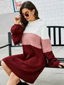 Damen Farblock Zopfstrick Pullover Kleid lässiger Langarm Oversized Winterkleid Hauptbild neu