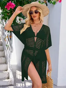 Women Green Hollow Out Knit Beach Swimsuit Cover Up Resort Vacation Summer Cardigan