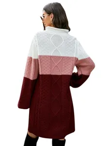 Damen Herbst Winter Freizeit Lose Rollkragen Langarm Farbblock Strick Pullover Kleid
