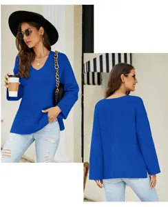 womens v-neck long sleeve knit sweater casual loose pullover detail view apparel