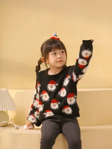Pull tricoté noir mignon pour enfants avec Père Noël, doux et chaud pour l'hiver.