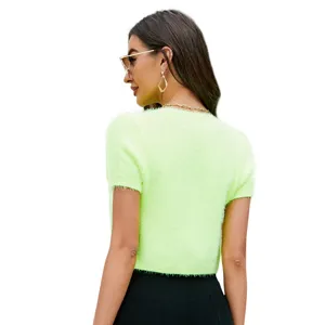 Πράσινο χνουδωτό κοντομάνικο crop top γυναικείο, μοντέρνο καλοκαιρινό πλεκτό πουλόβερ.