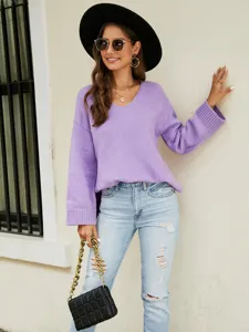 Women Casual Long Sleeve V-Neck Knitwear Loose Solid Color Pullover Sweater Fashion Autumn Winter Apparel