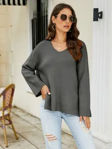 Women's dark grey v-neck long sleeve knit sweater, casual loose pullover top main product view.