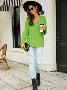 Women long sleeve V-neck knit sweater casual loose solid pullover top for daily wear now