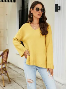 Women solid yellow V-neck long sleeve casual loose knit sweater for autumn outfit main view